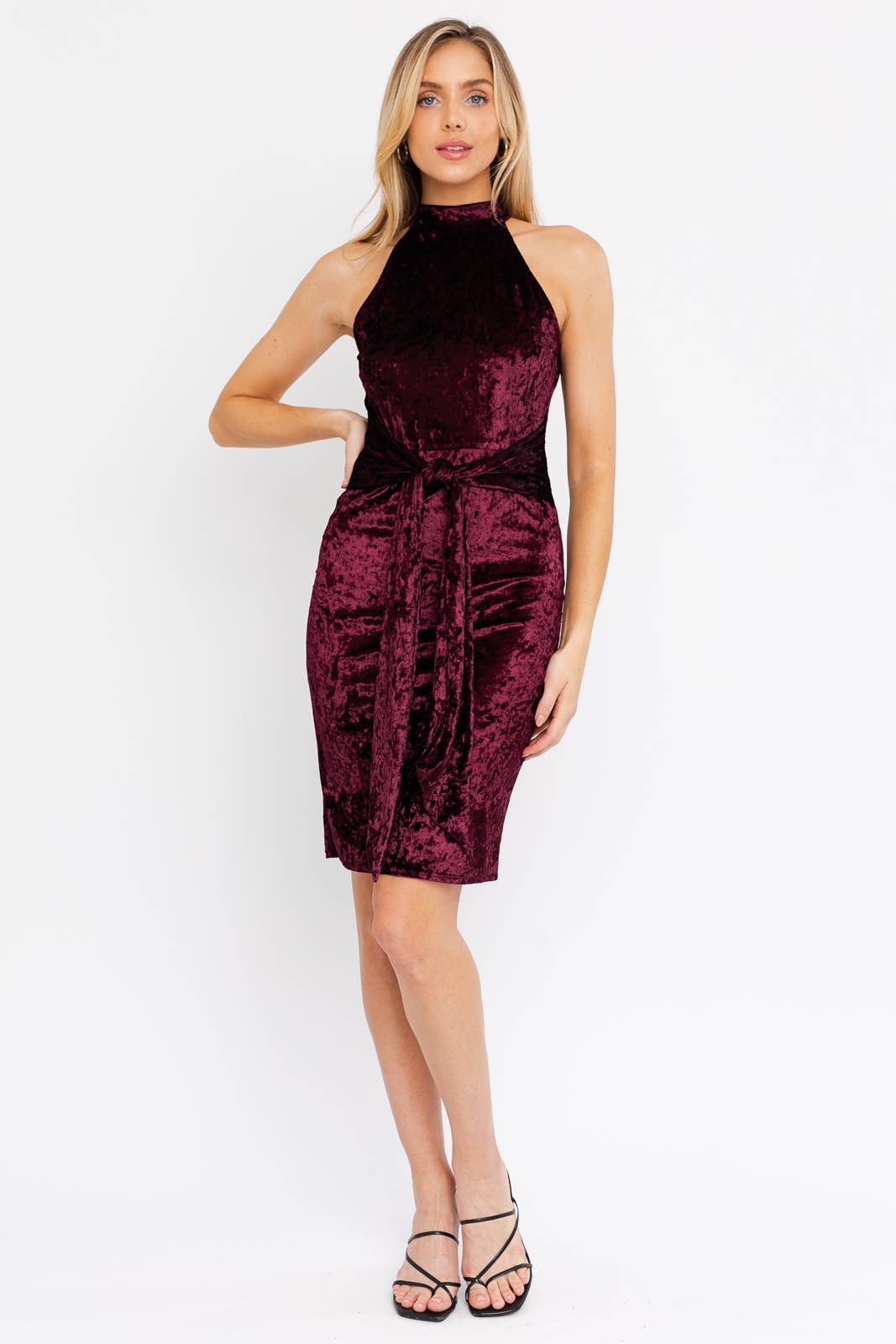 Sleeveless Halter Neck Waist Tie Velvet Dress