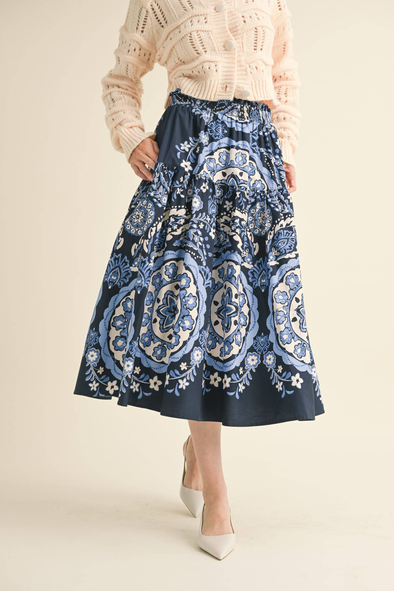 Rental- Smocked Waist High Rise Midi Skirt