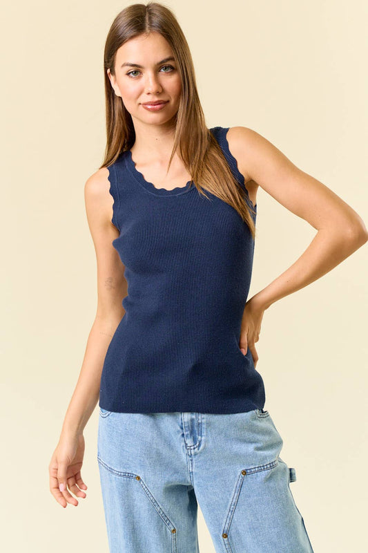 Scalloped Scoop Neck Sleeveless Knit Sweater Top