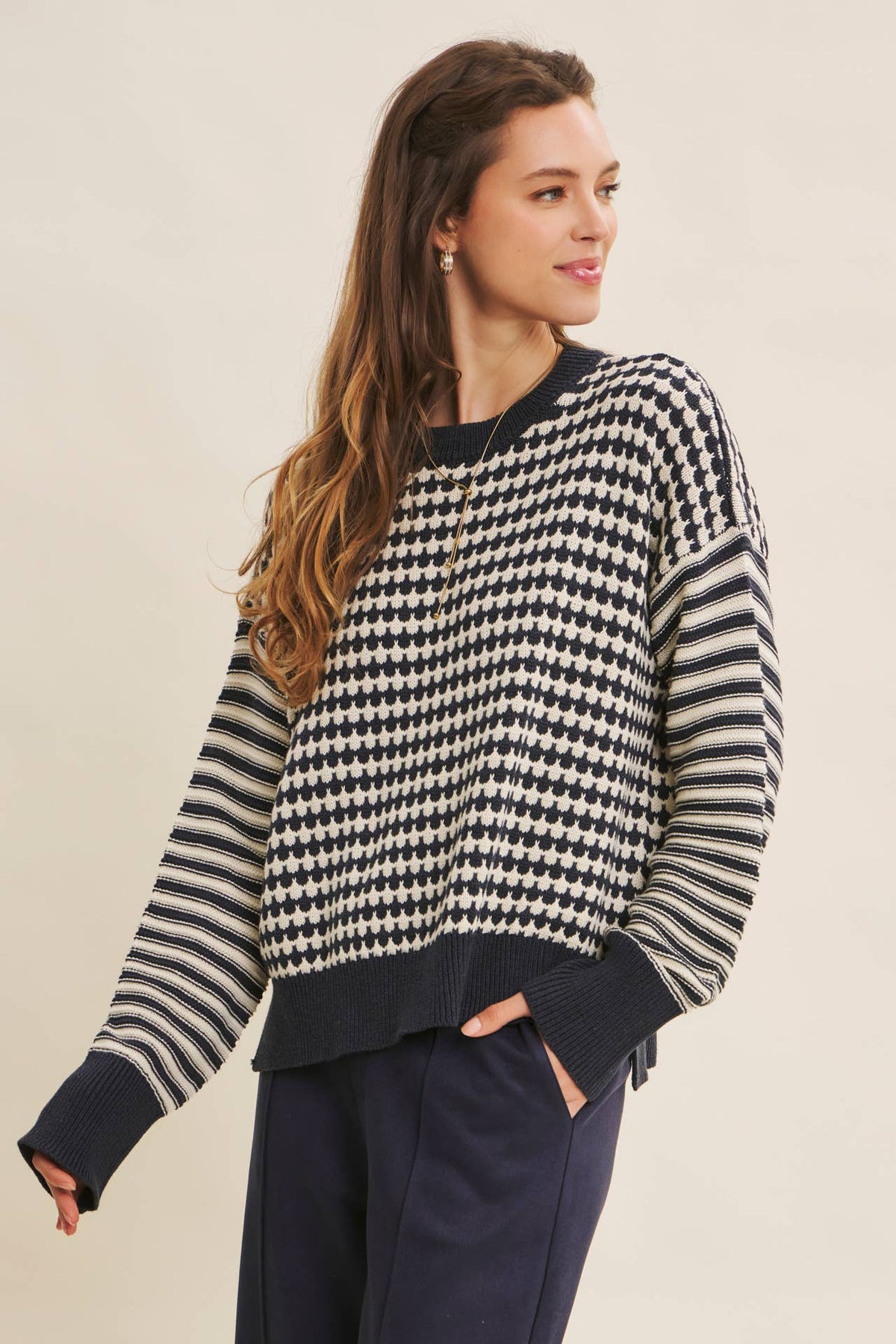 Textured Striped Crewneck Sweater