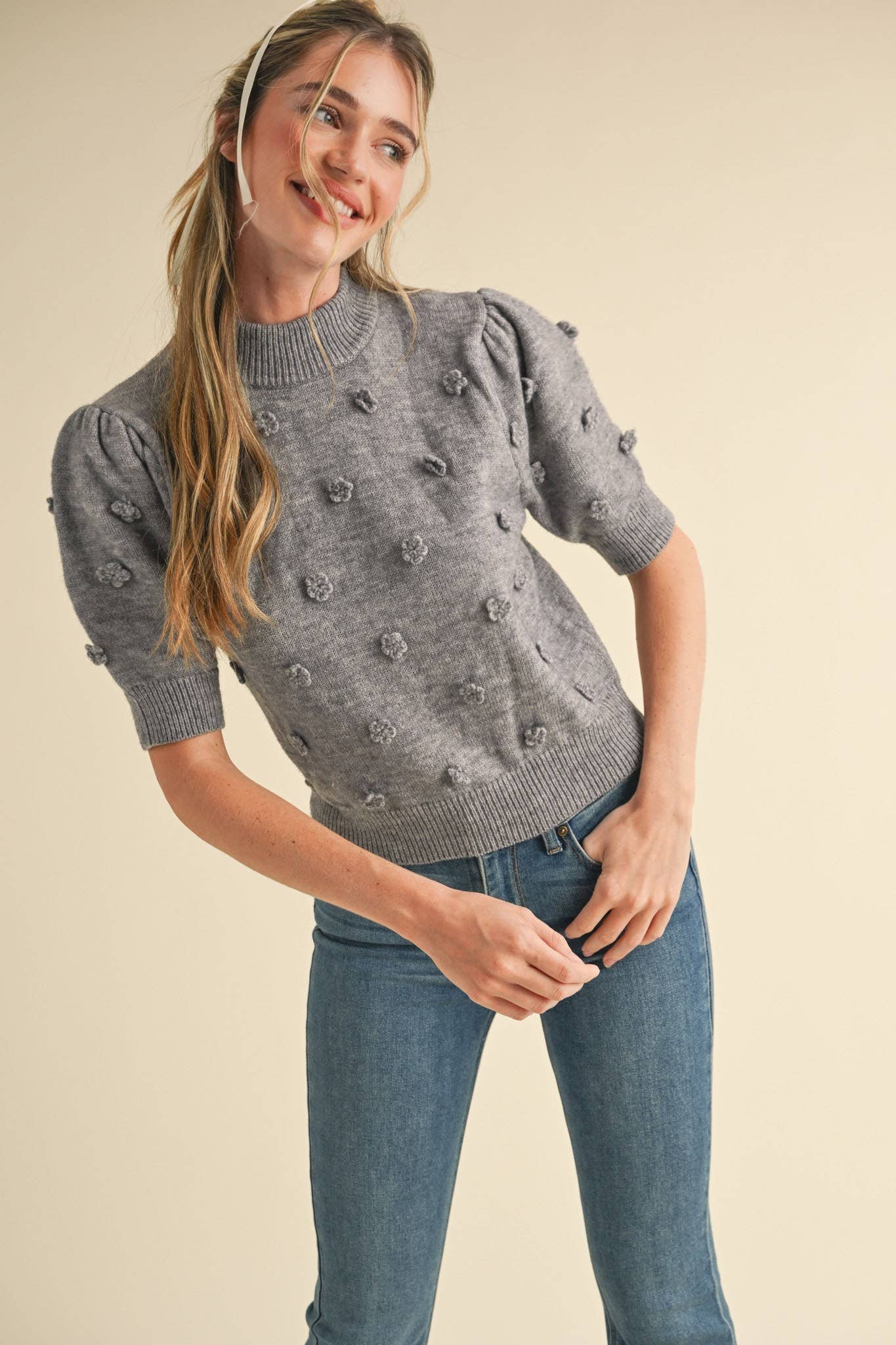 Raised Floral Short Sleeve Sweater