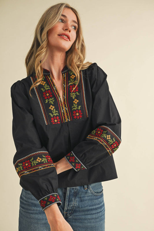 Rental- Cross Stitch Embroidered Puff Sleeve Top