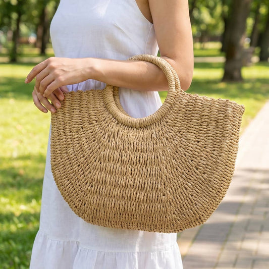 Woven Paper Straw Tote Bag With Ring Handles
