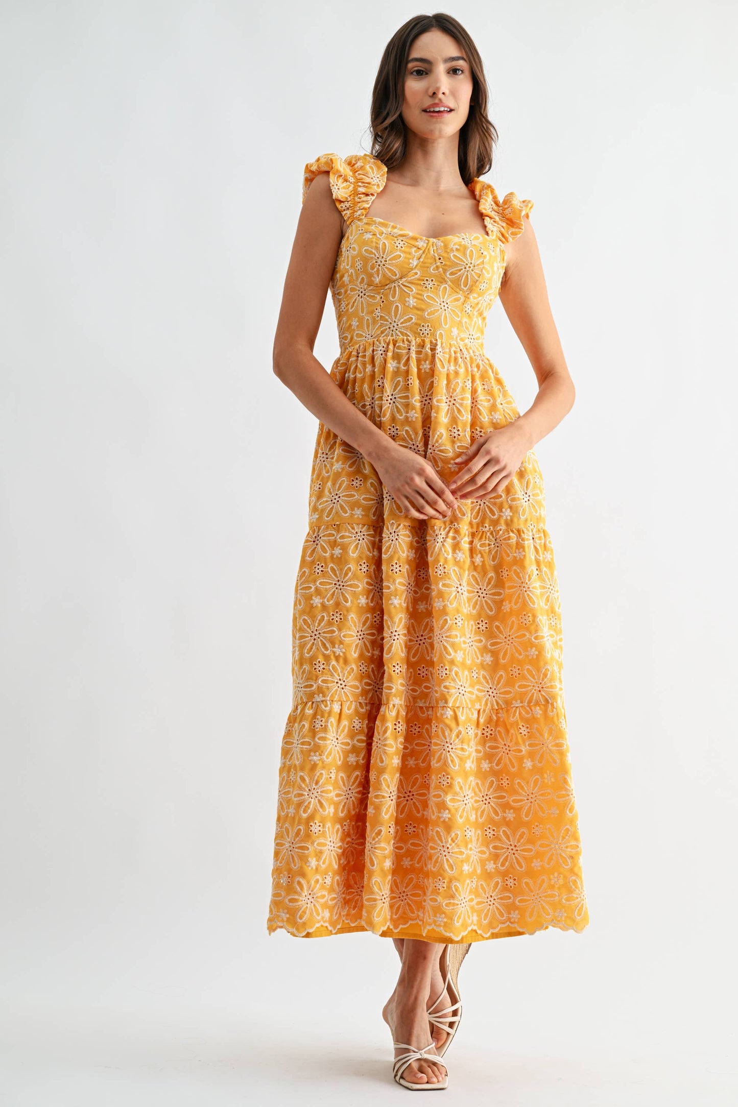 Floral Embroidered Ruffle Sleeve Midi Dress