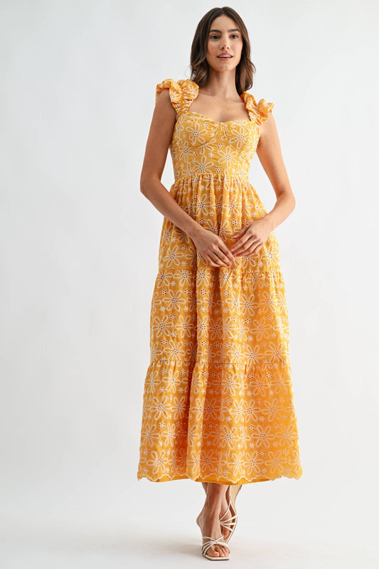 Floral Embroidered Ruffle Sleeve Midi Dress