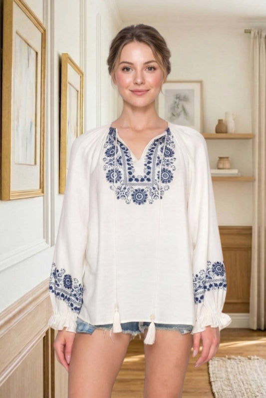 Puff Sleeve Embroidered Peasant Top