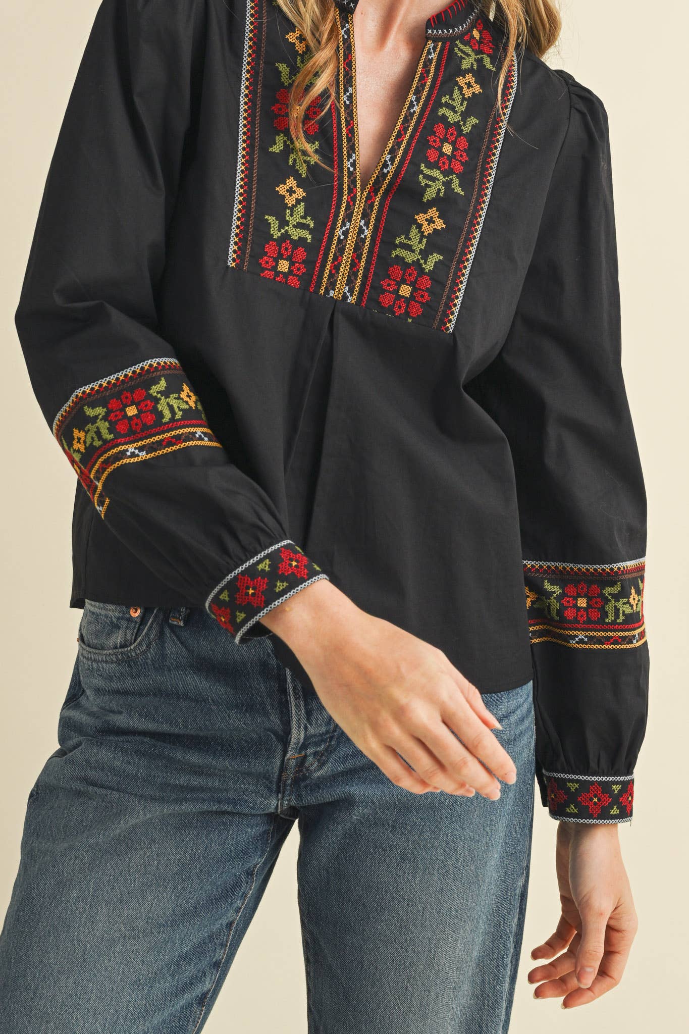 Rental- Cross Stitch Embroidered Puff Sleeve Top