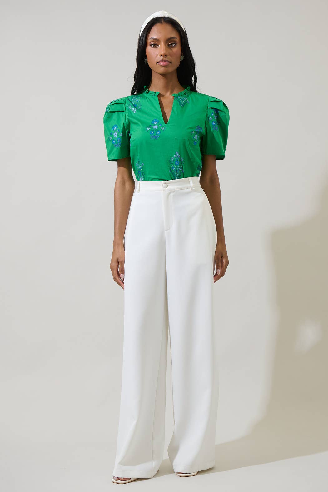 Pleated Shoulder Ruffle Neck Top