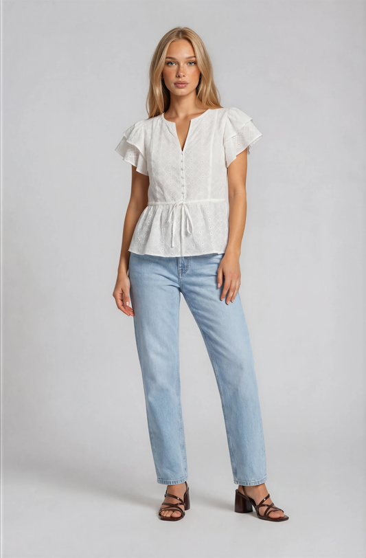 Eyelet Double Sleeve Tie Waist Top