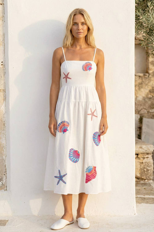 Marine Shell Embroidered Midi Dress