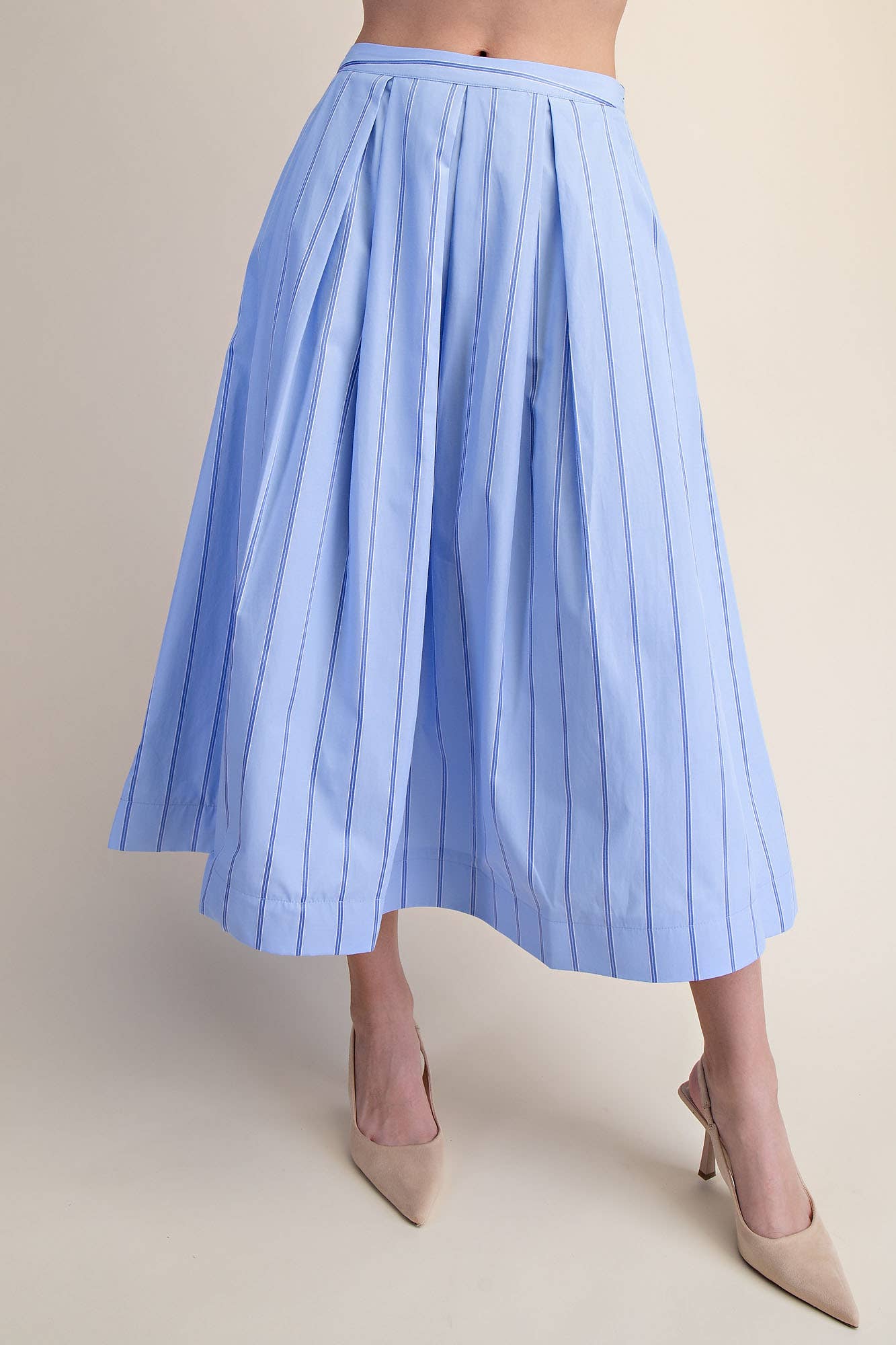 Pleated Flare Stripe Midi Skirt