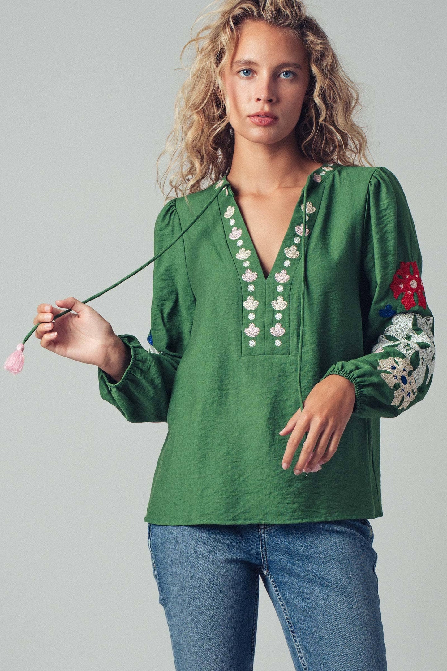 Embroidered Tassel Tie Top