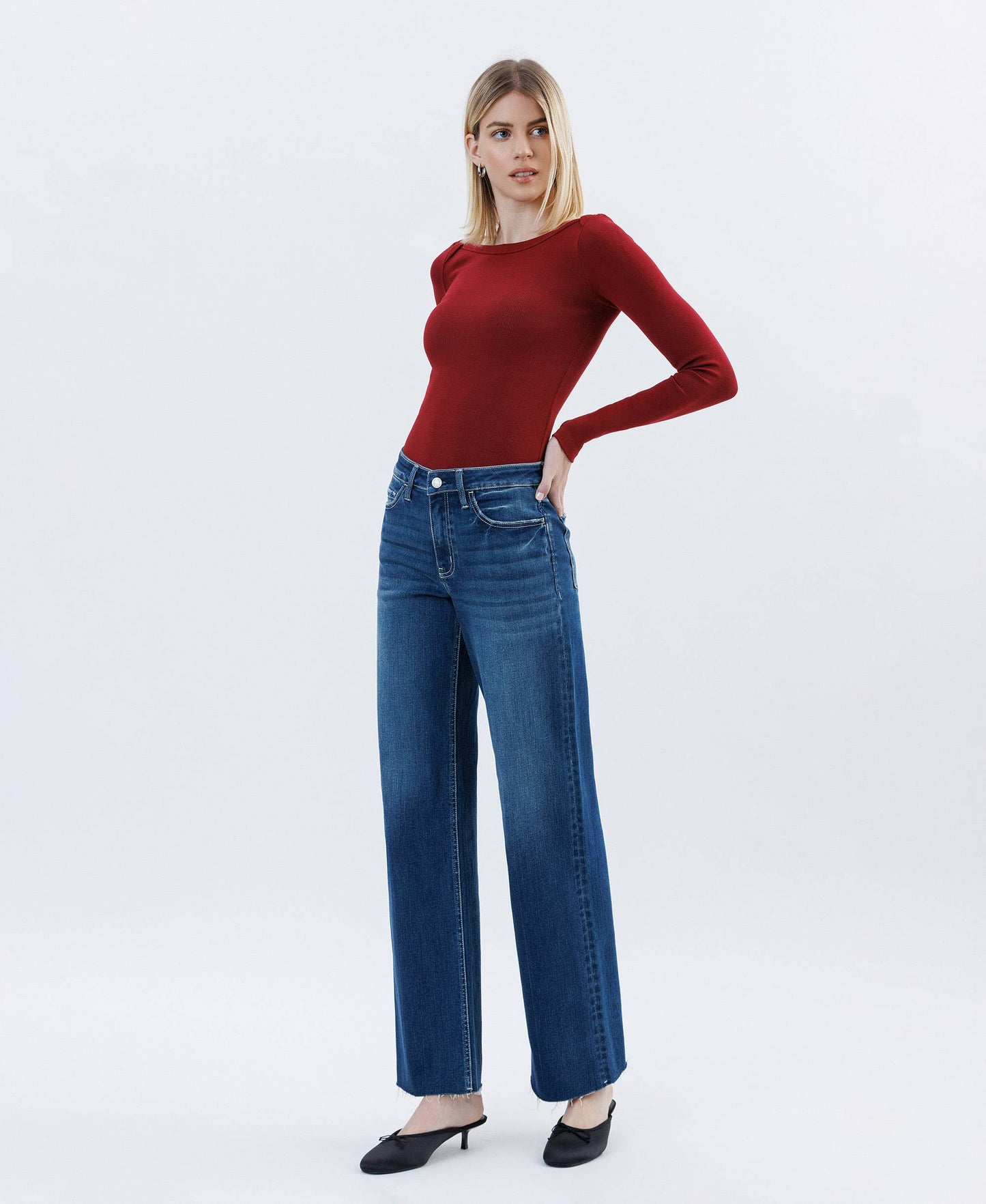 High Rise Raw Hem Slim Wide Jeans