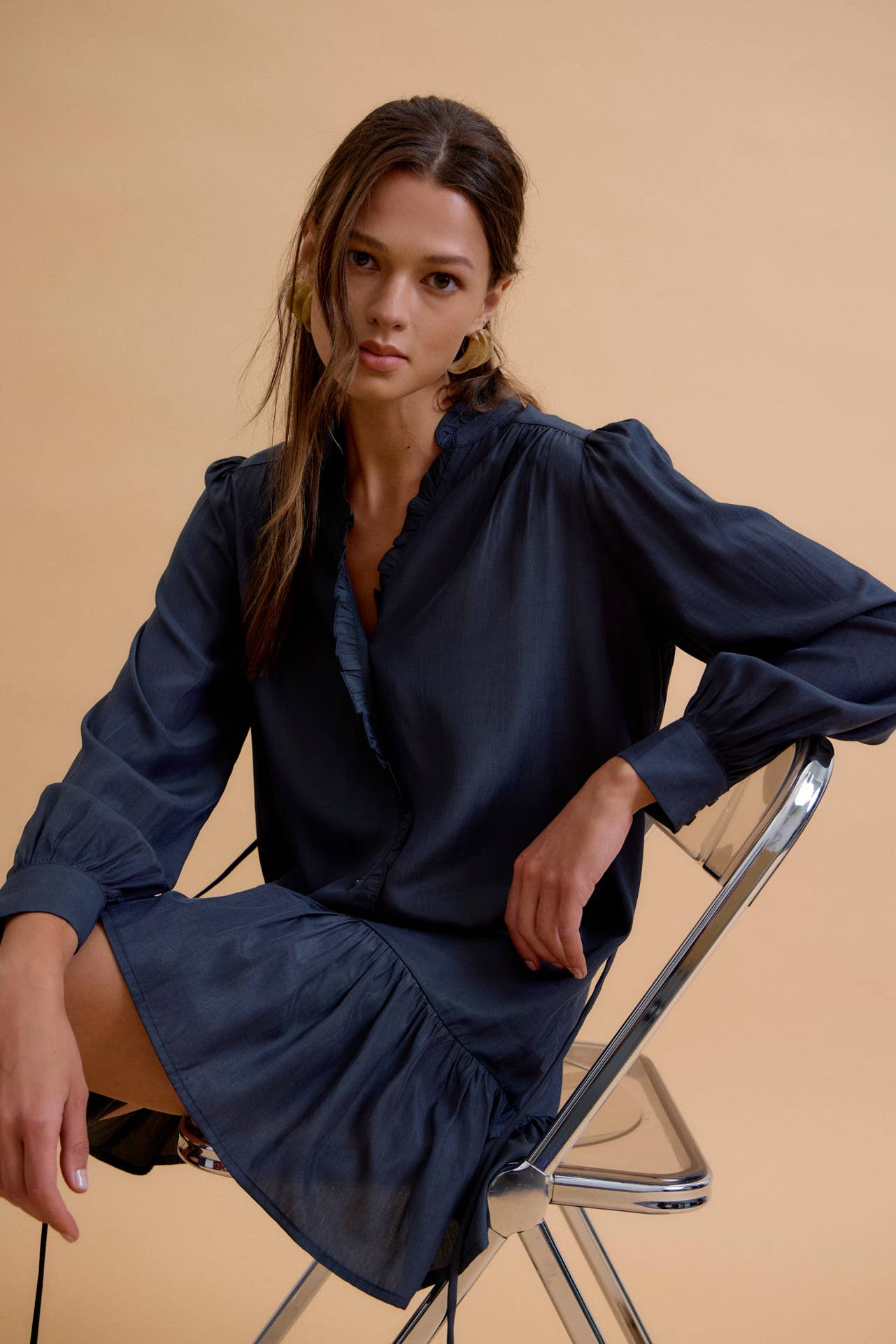 Long Sleeve Ruffled Mini Shirt Dress