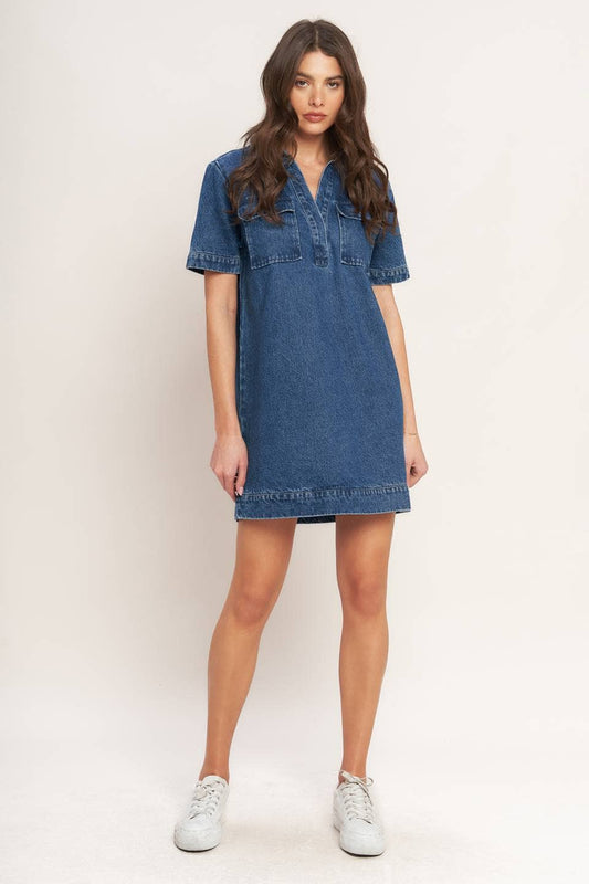 Denim Split Neck Shirt Dress