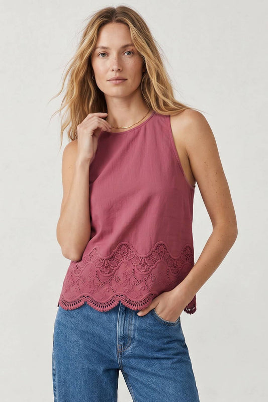 Embroidered Scallop Hem Cotton Tank