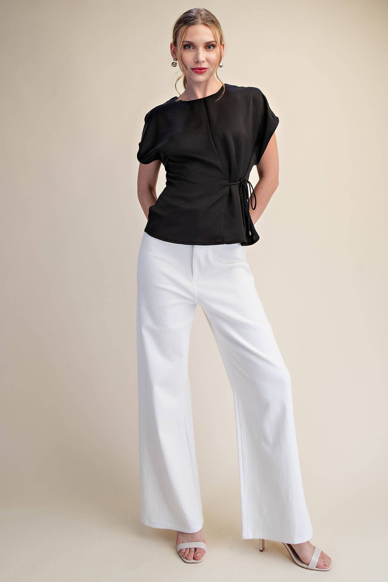 Silky Short Sleeve Front Lace-Up Tie Top