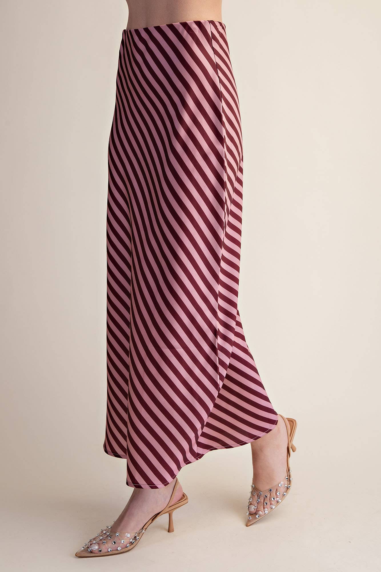 Diagonal Striped Satin Midi Skirt