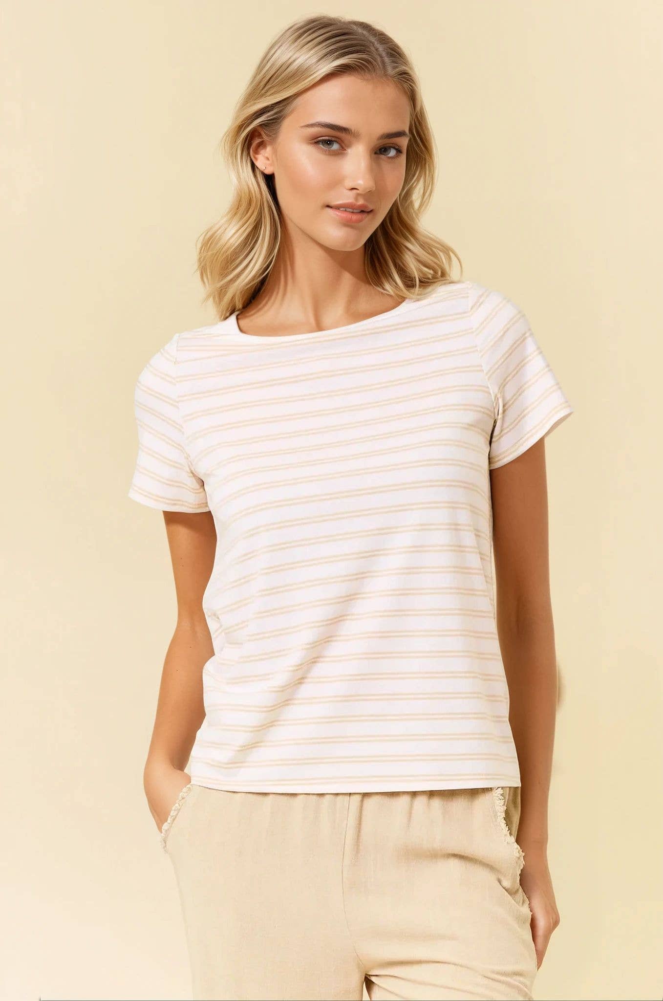 Soft Stripe Boat Neck Short Sleeve Top