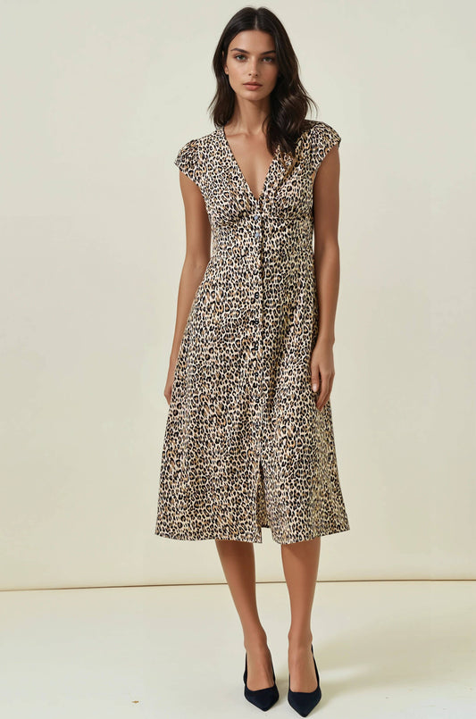 Smocked Waist Button Front Midi Dress