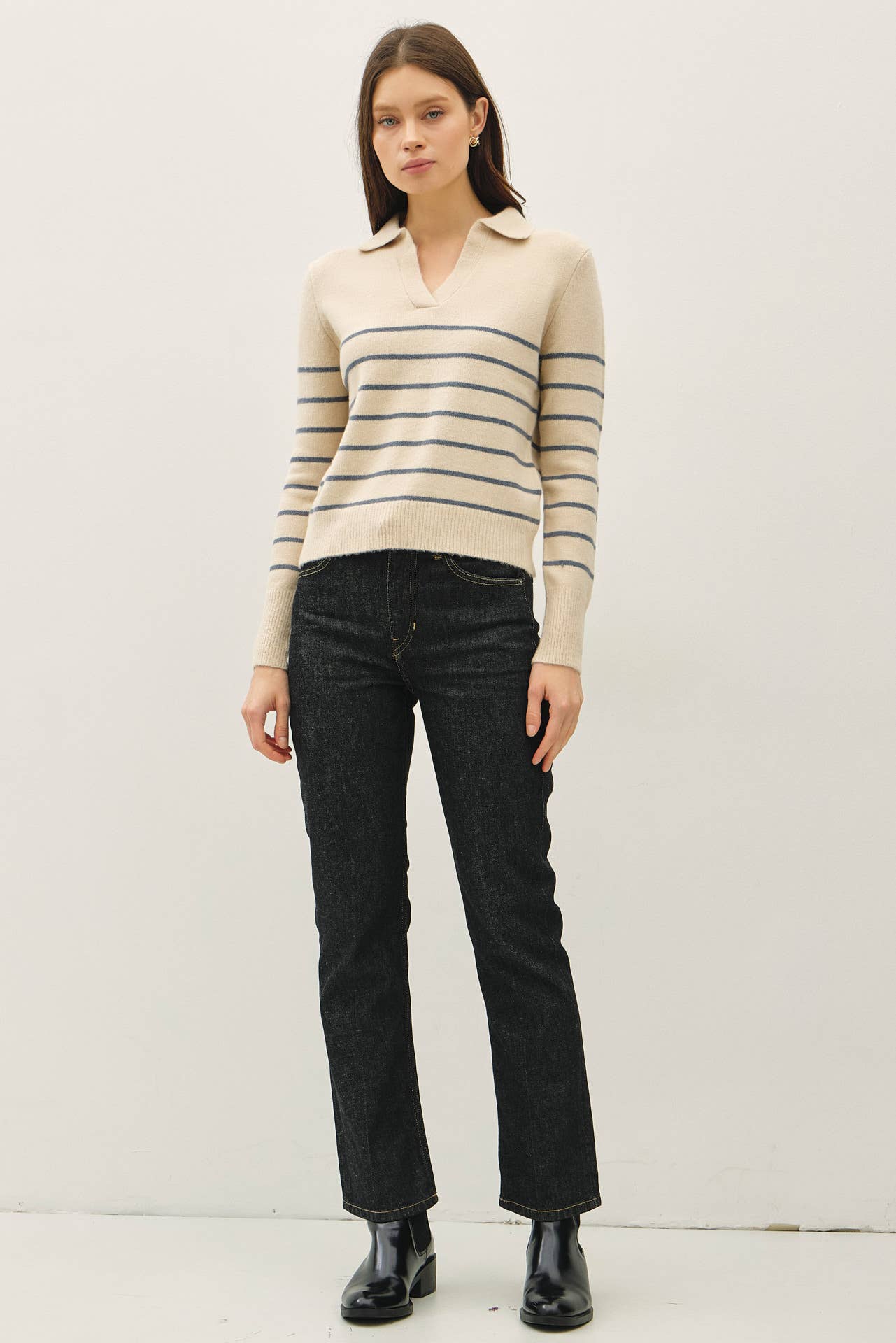 Striped Collared V-Neck Sweater