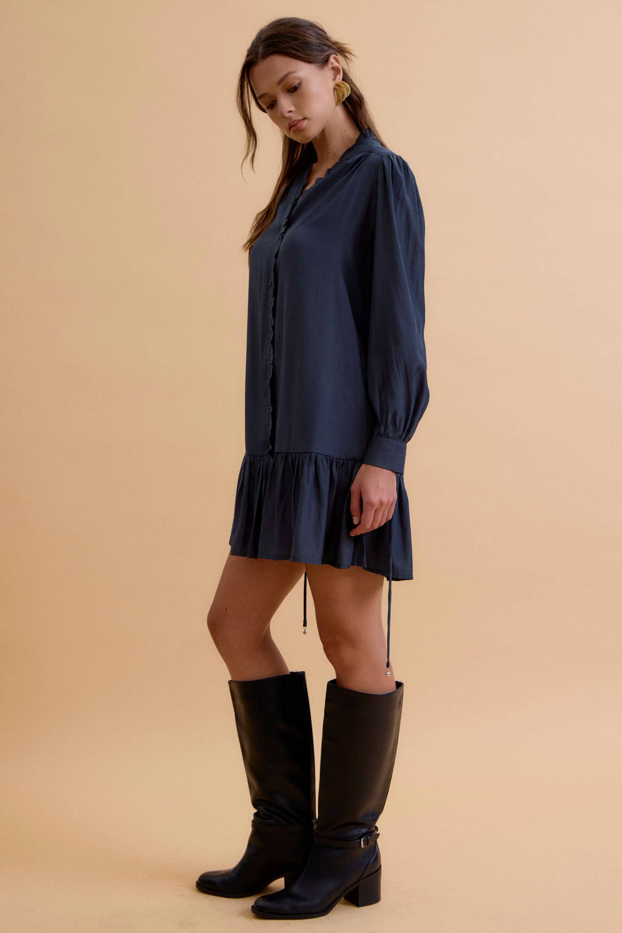 Long Sleeve Ruffled Mini Shirt Dress