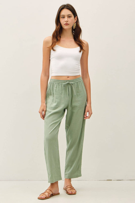 Crochet Lace Trim Tapered Linen Pants