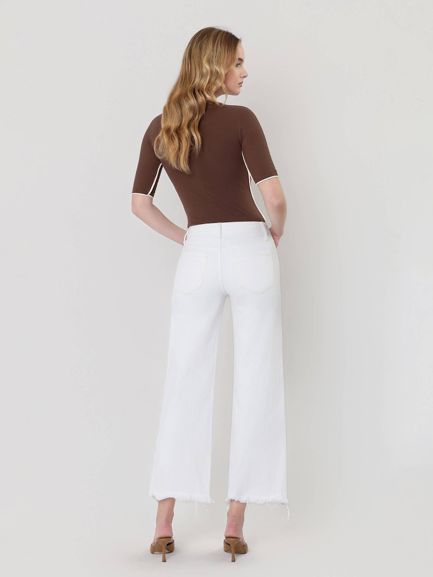 High Rise Raw Hem Crop Wide Jeans