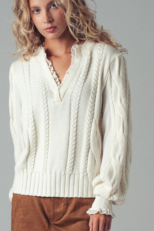 Lace Trim Cable Knit Pullover Sweater