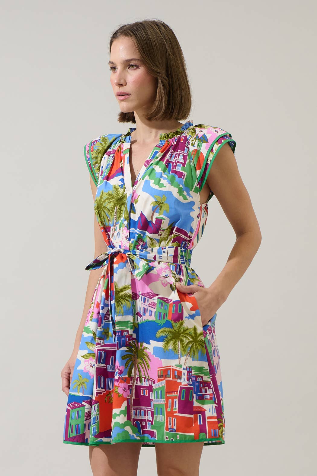 Rental- Double Sleeve Tropical Ruffle Mini Dress