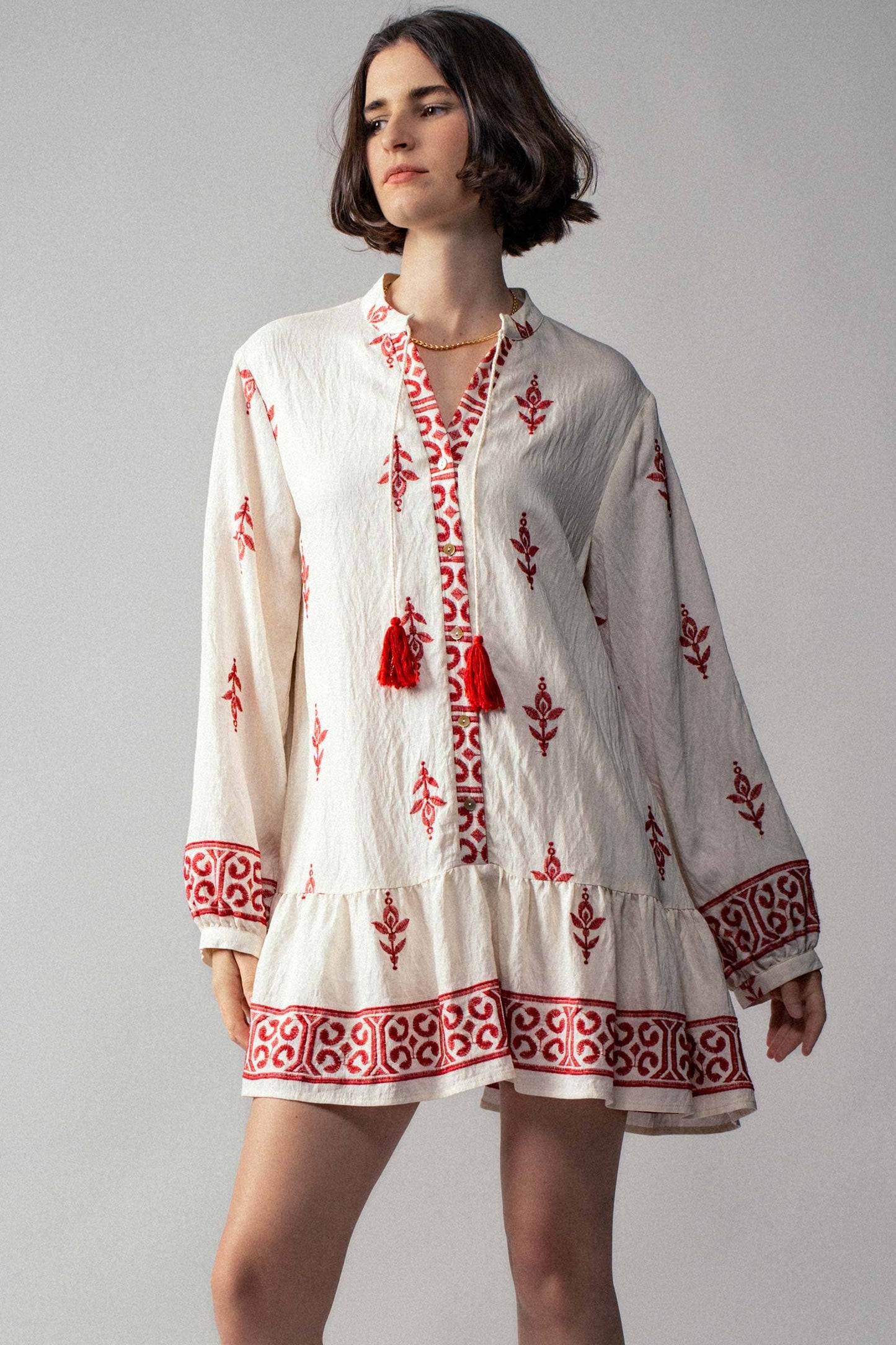 Western-Inspired Embroidered Peasant Tunic Dress