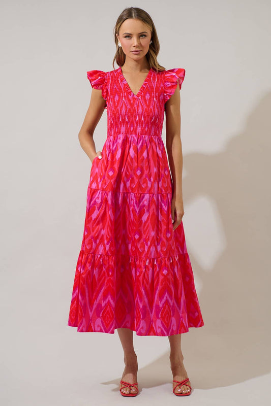 Ikat Smocked Bodice Tiered Midi Dress