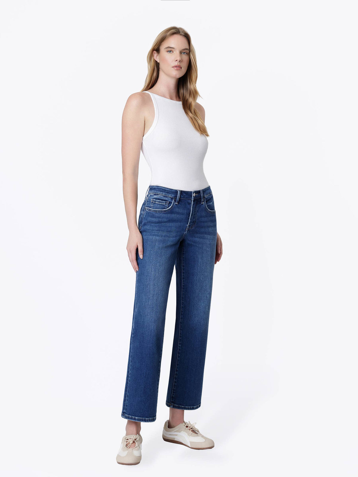 Mid Rise Dark Wash Ankle Slim Wide Jeans