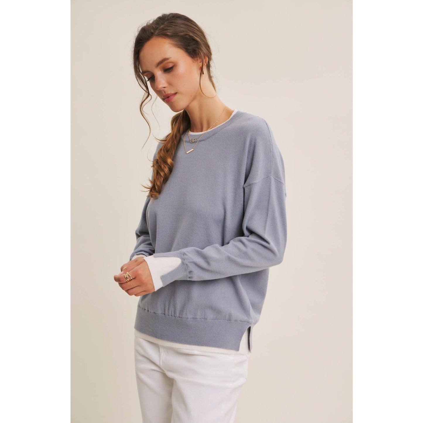 Two Tone Contrast Cuff Lightweight Sweater