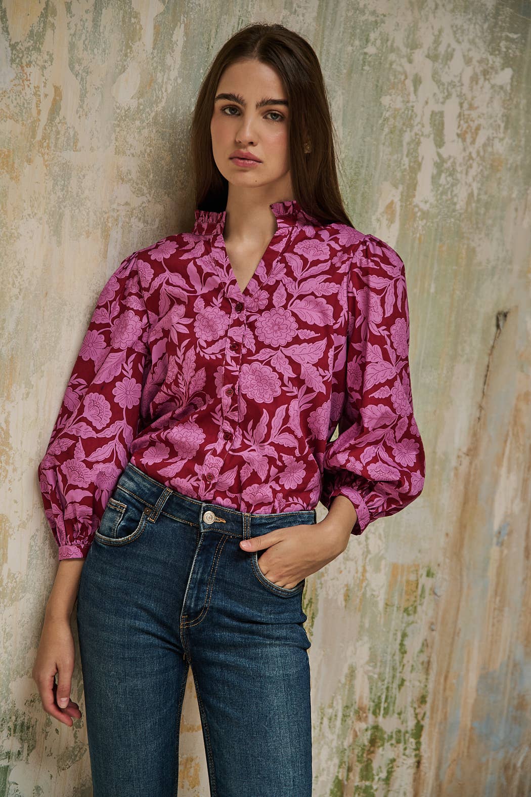 Balloon Sleeves Ruffle Neck Floral Top