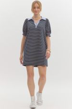 Striped Knit Collared V-Neck Mini Dress