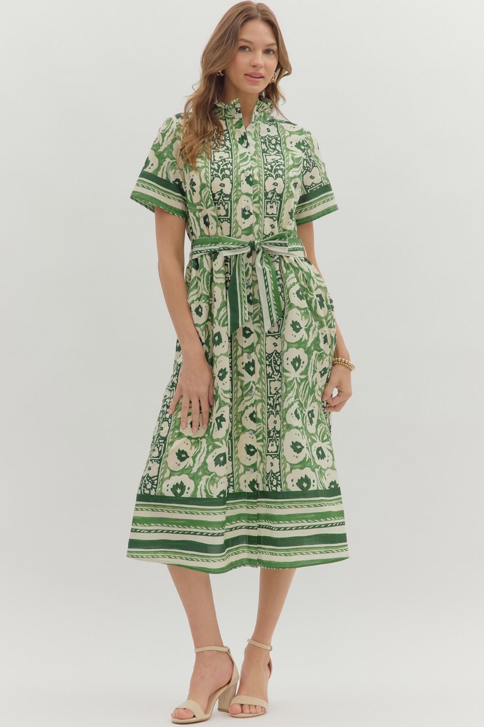 Short Sleeve Floral Border Print Midi Dress