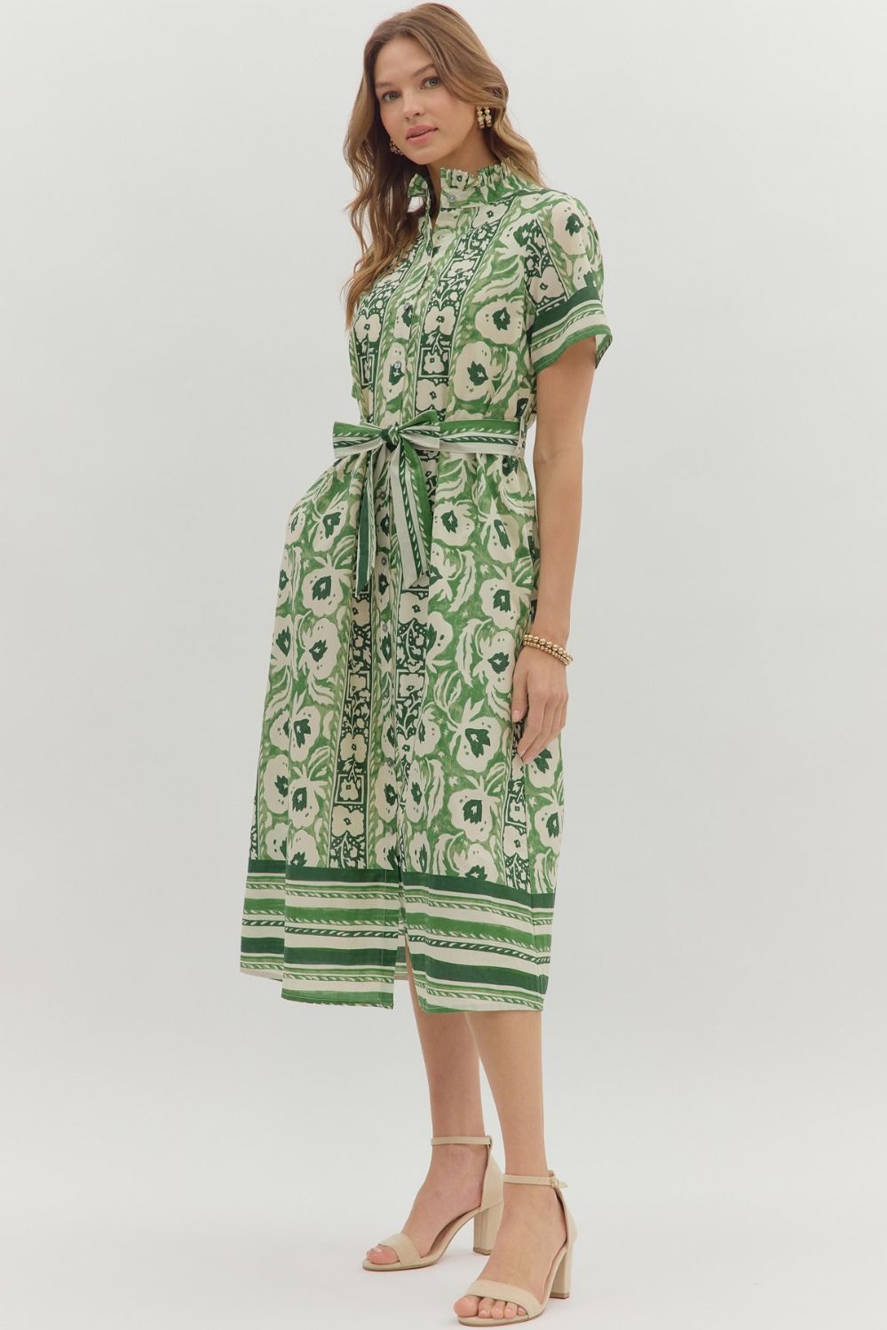 Short Sleeve Floral Border Print Midi Dress