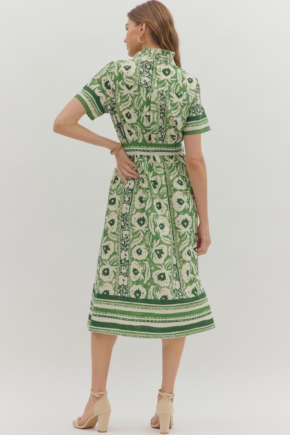 Short Sleeve Floral Border Print Midi Dress