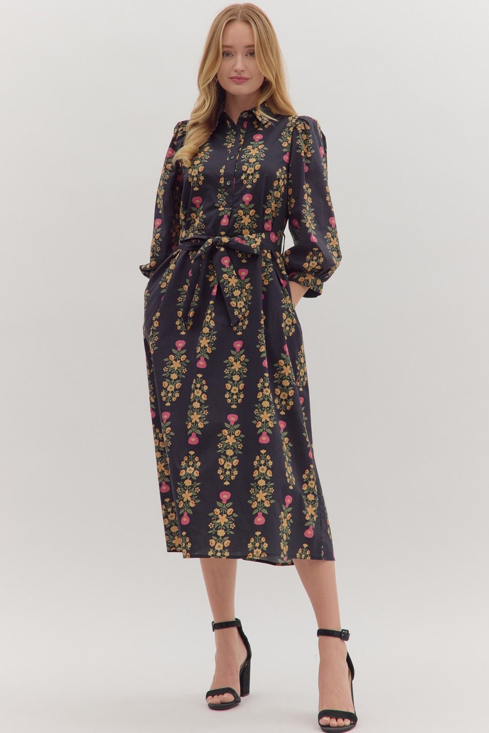 Rental- Botanical Print Tie Waist Midi Dress