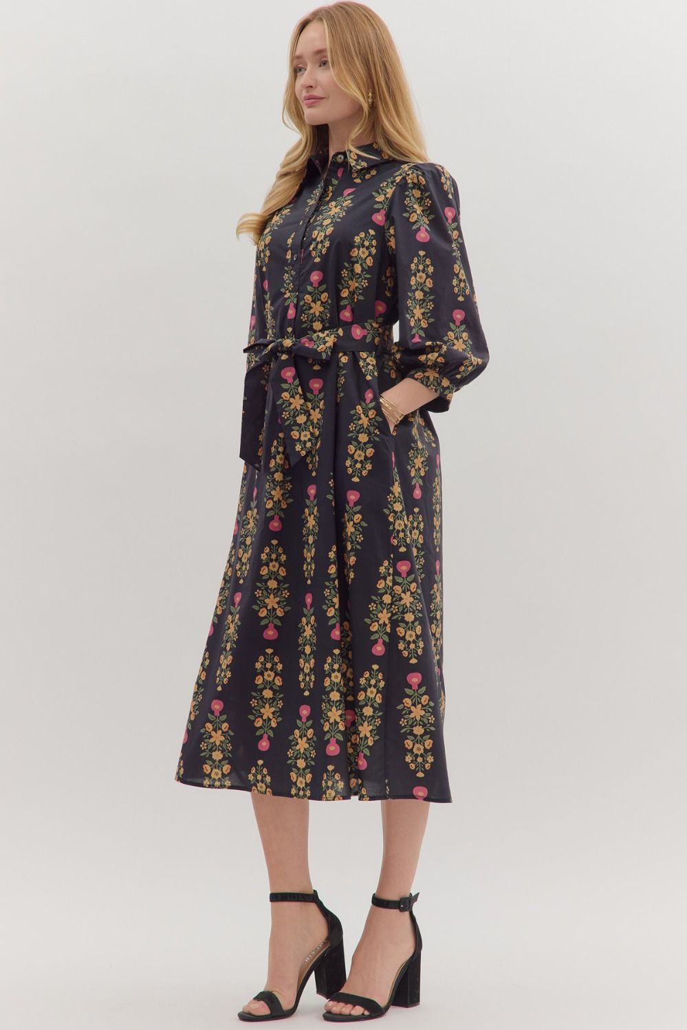 Botanical Print Tie Waist Midi Dress