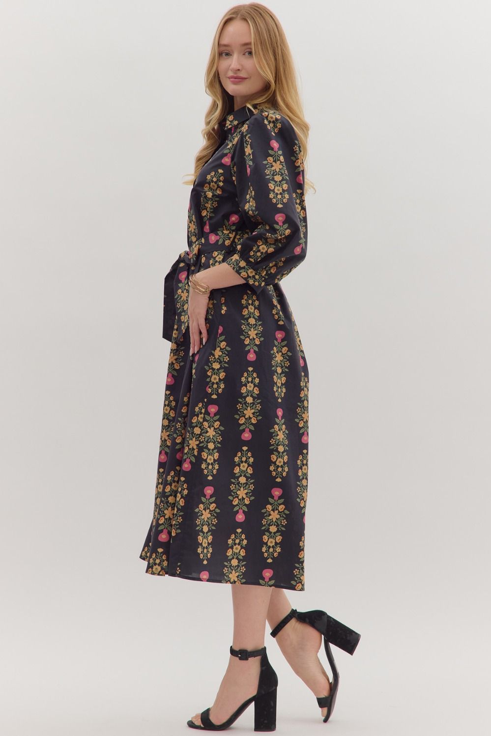 Botanical Print Tie Waist Midi Dress