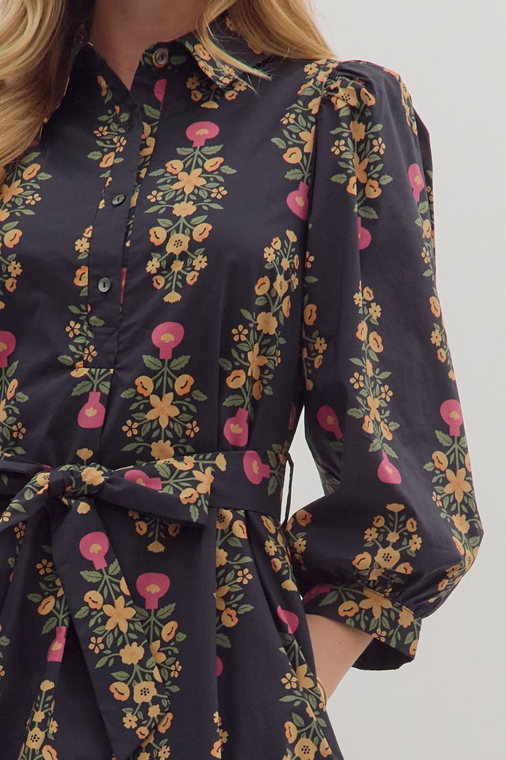 Botanical Print Tie Waist Midi Dress