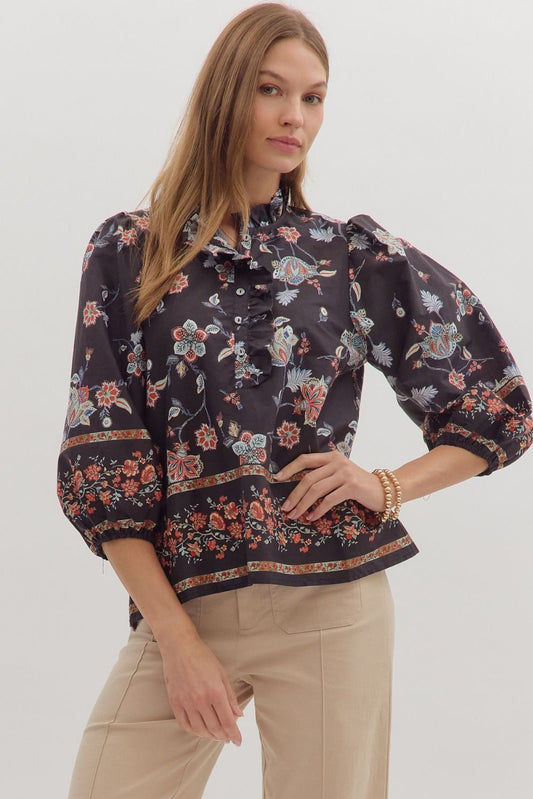 Ruffled Split Neck Floral Top