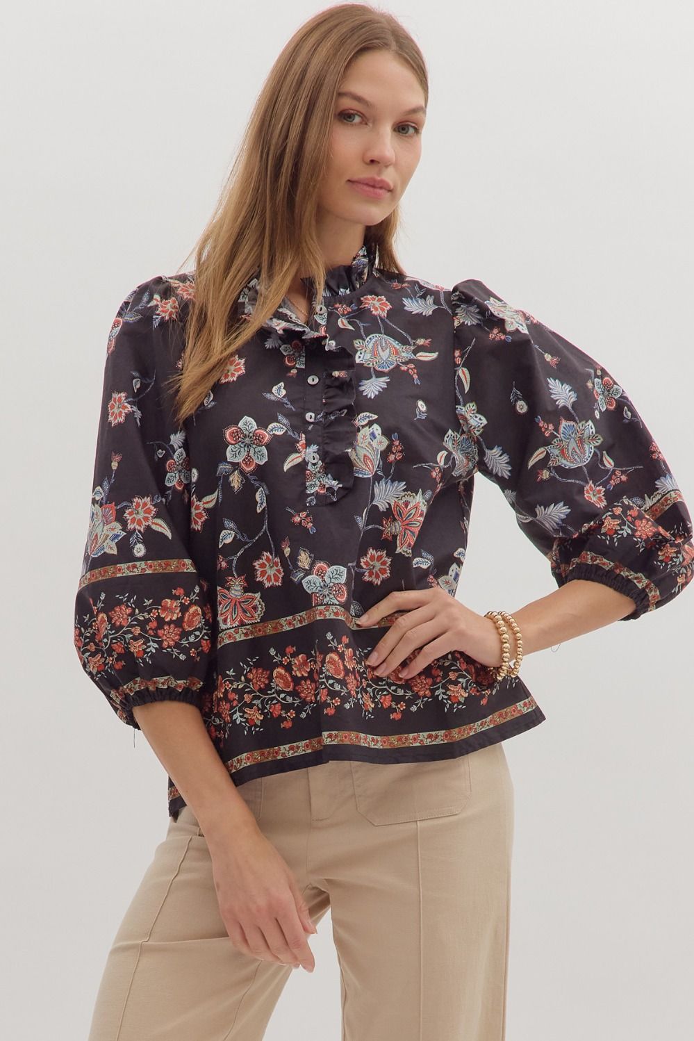 Ruffled Split Neck Floral Top
