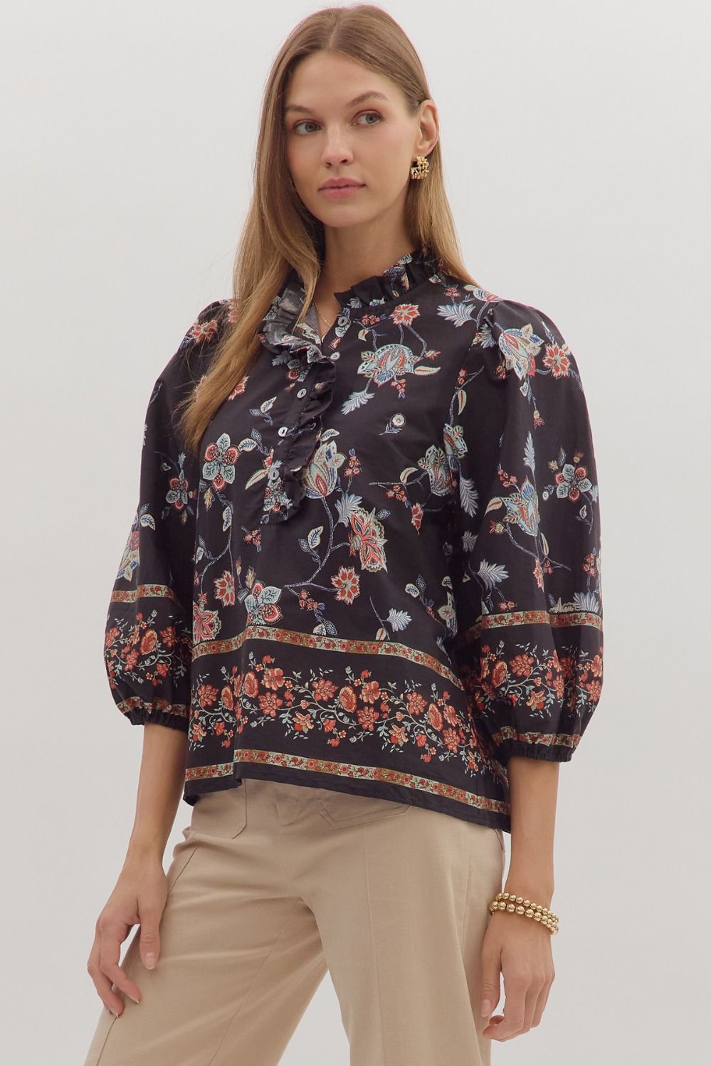Ruffled Split Neck Floral Top