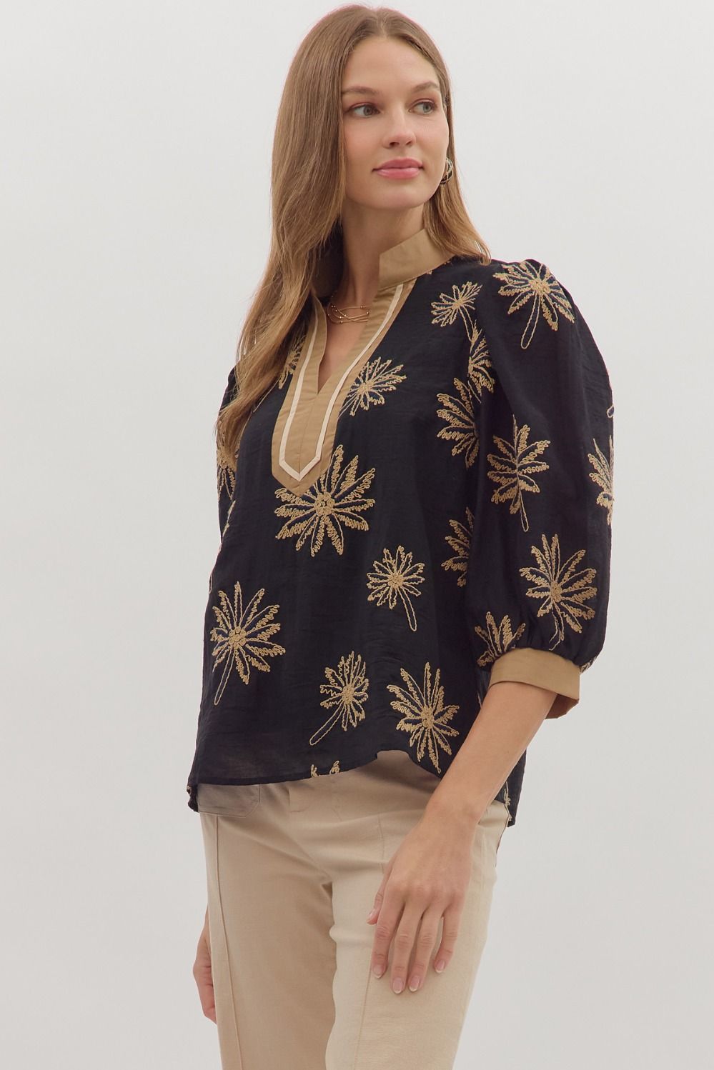 Botanical Embroidery Puff Sleeve Top
