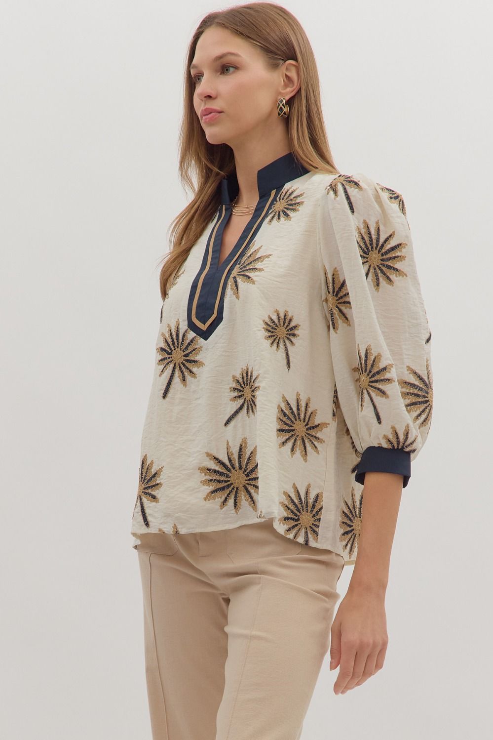Botanical Embroidery Puff Sleeve Top