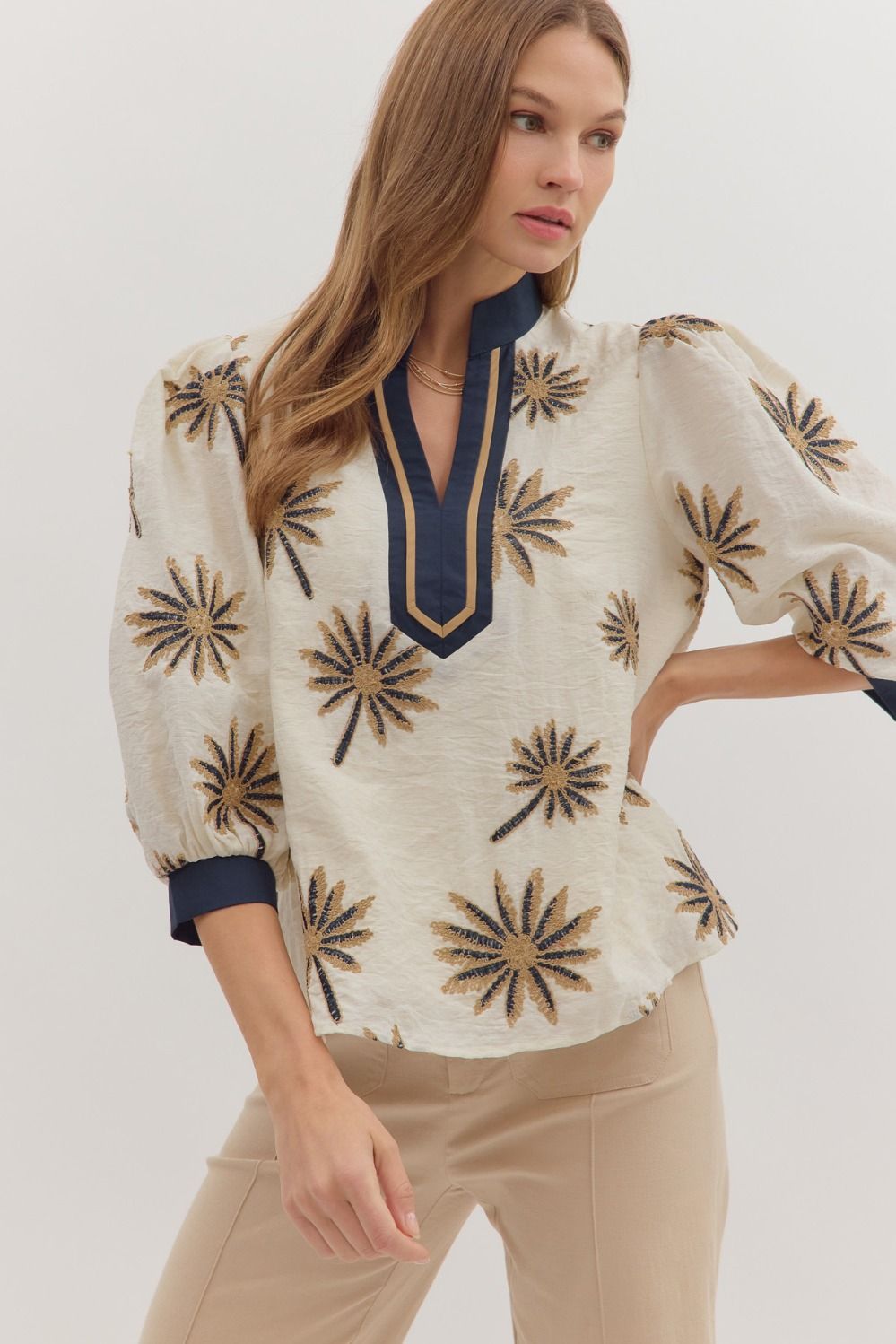 Botanical Embroidery Puff Sleeve Top