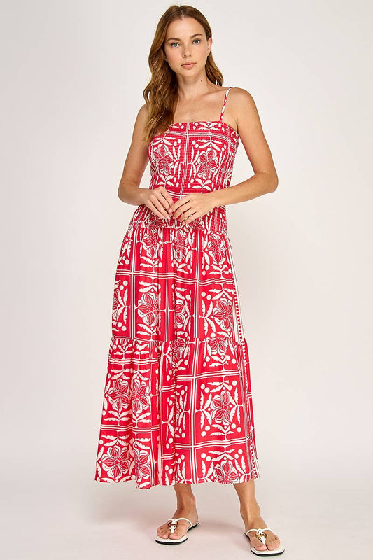 Tropical Smocked Bodice Midi Dress